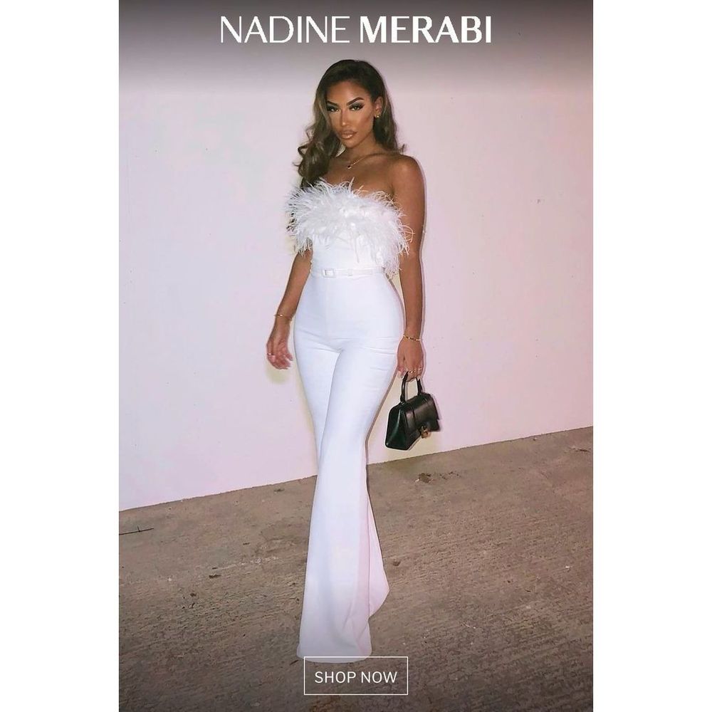 Nadine Merabi Jumpsuit White Colette Strapless Feathers New Size Small 6 - Picture 1 of 15